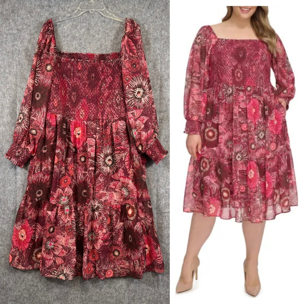 Vince Camuto Floral Smocked Chiffon Dress Size 20W Peasant Milkmaid Boho Fairy